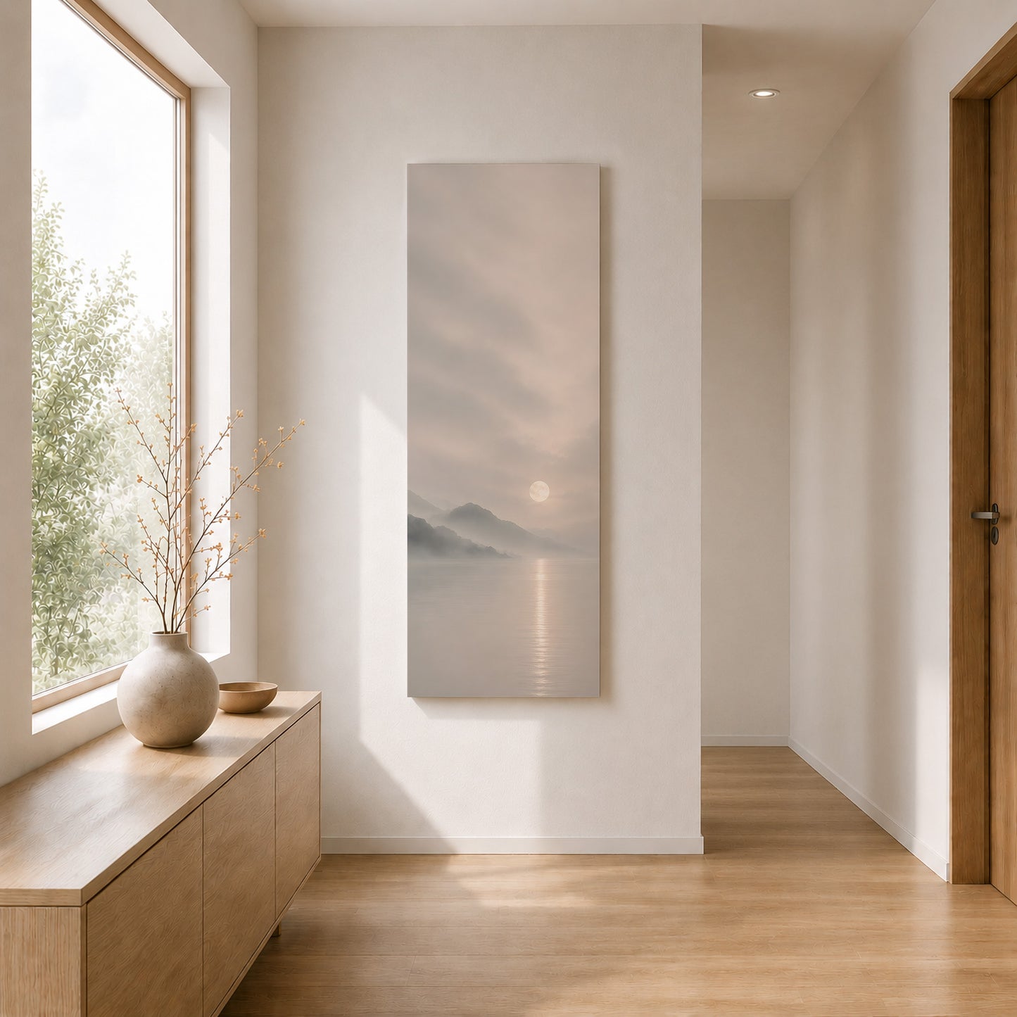 Misty Moon Canvas Art – Japanese Moonlit Lake Wall Decor