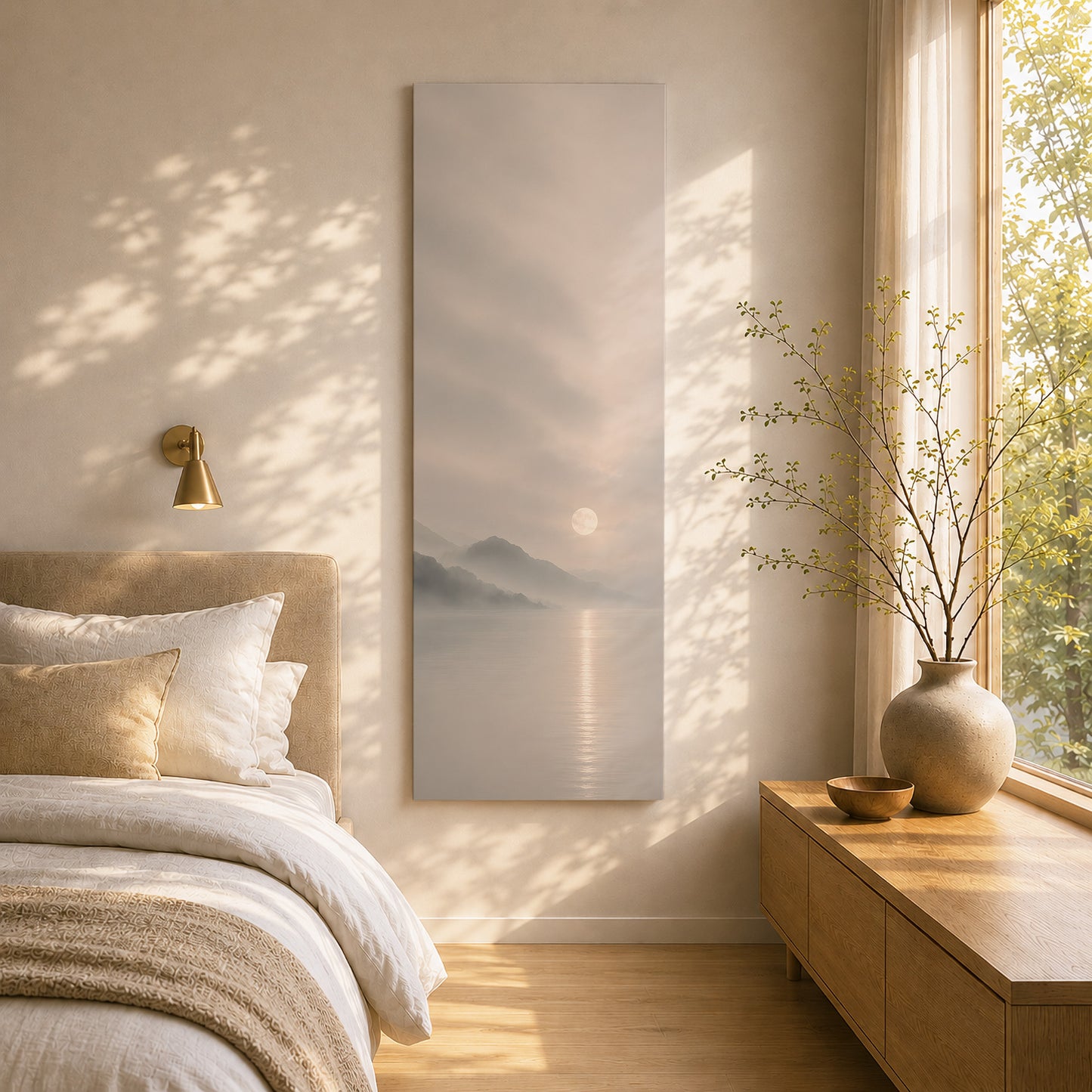 Misty Moon Canvas Art – Japanese Moonlit Lake Wall Decor