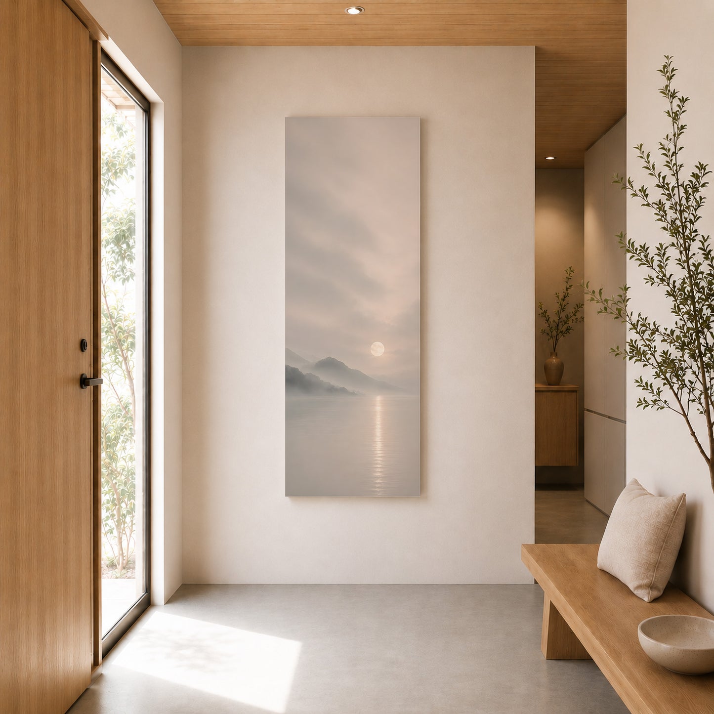 Misty Moon Canvas Art – Japanese Moonlit Lake Wall Decor