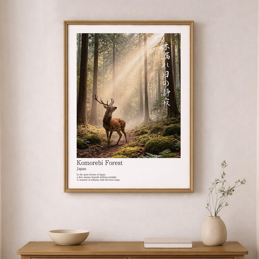 Japanese Deer in Cedar Forest – Serene Sika Deer Wall Art Print (3:4 Edition)