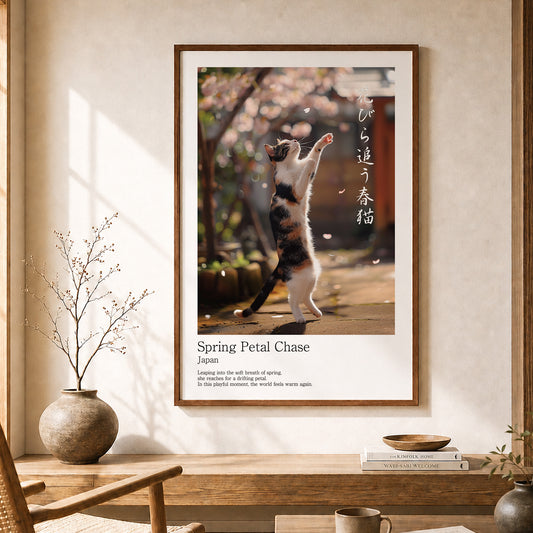 Spring Petal Chase – Japanese Calico Cat Wall Art Print (2:3 Edition)