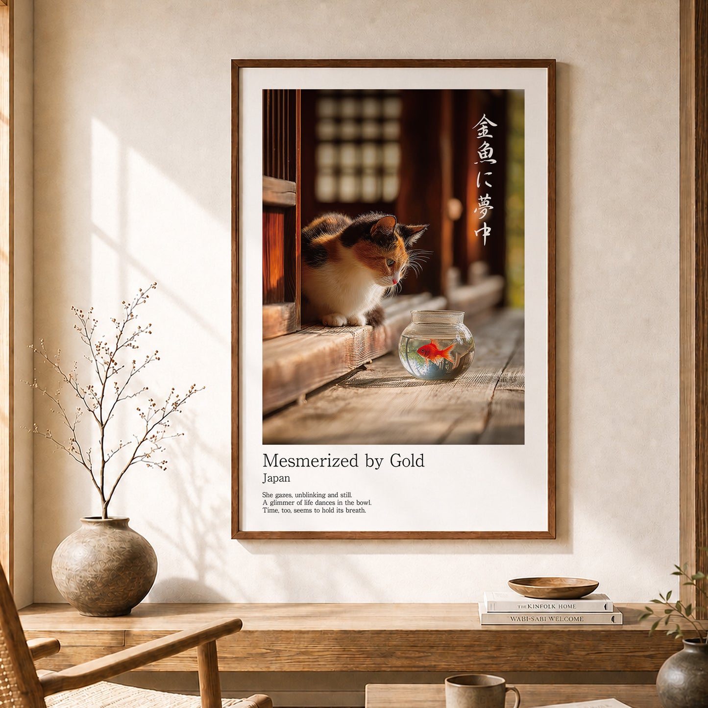 Japanese Calico Cat with Goldfish – Minimalist Japandi Wall Art Print (2:3 Edition)