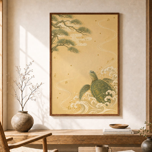 Turtle and Pine Waves – Japanese Turtle Wall Art Print (2:3 Edition)
