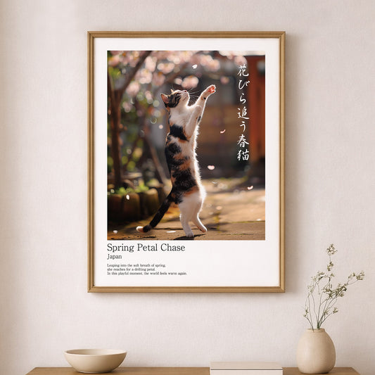 Spring Petal Chase – Japanese Calico Cat Wall Art Print (3:4 Edition)