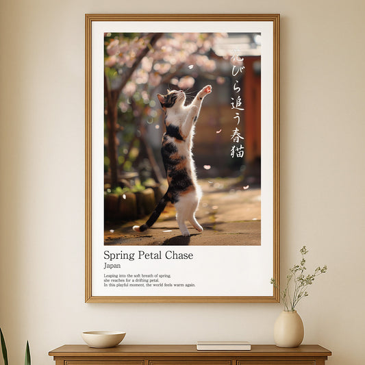 Spring Petal Chase – Japanese Calico Cat Wall Art Print (2:3 Edition)