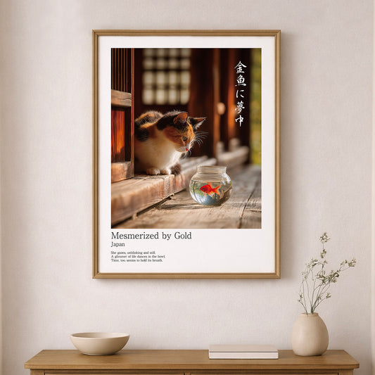Japanese Calico Cat with Goldfish – Minimalist Japandi Wall Art Print (3:4 Edition)