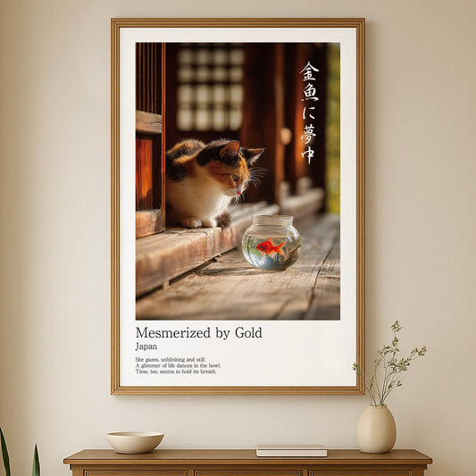 Japanese Calico Cat with Goldfish – Minimalist Japandi Wall Art Print (2:3 Edition)