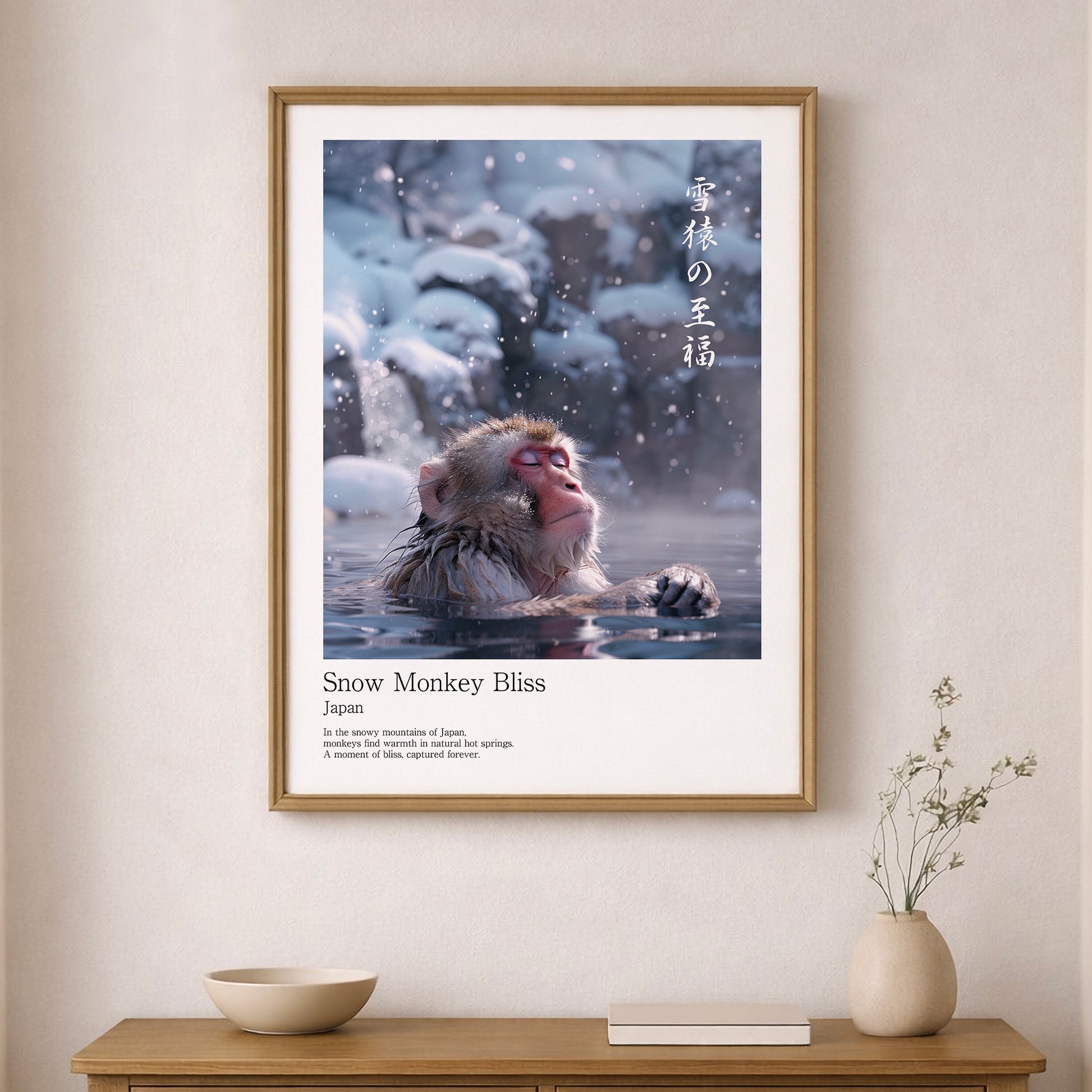 Snow Monkey Japanese wildlife wall art inspired by serene winter onsen scene