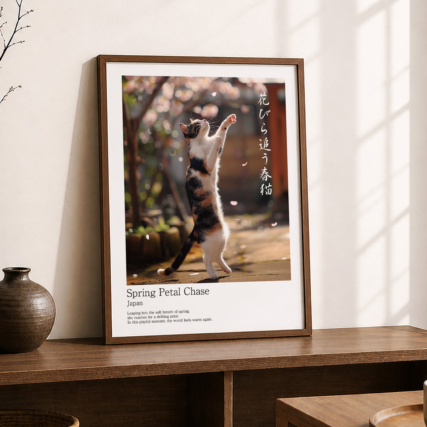 Spring Petal Chase – Japanese Calico Cat Wall Art Print (3:4 Edition)