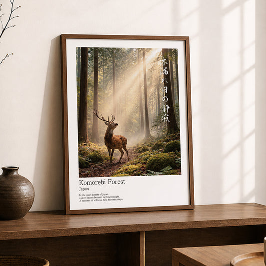 Japanese Deer in Cedar Forest – Serene Sika Deer Wall Art Print (3:4 Edition)