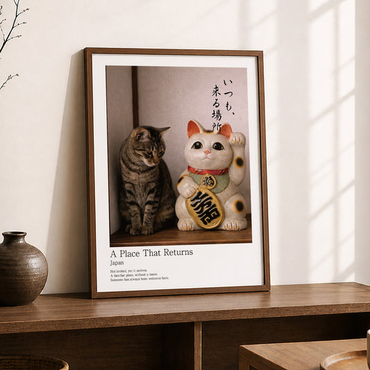 Lucky Companion – Japanese Maneki Neko & Tabby Cat Wall Art Print (3:4 Edition)