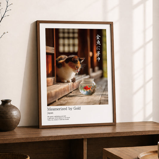 Japanese Calico Cat with Goldfish – Minimalist Japandi Wall Art Print (3:4 Edition)