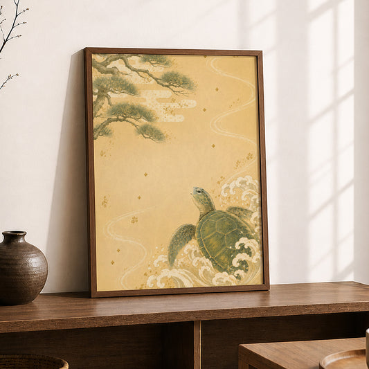 Turtle and Pine Waves – Japanese Turtle Wall Art Print (3:4 Edition)