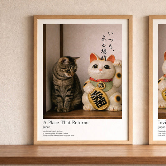 Japanese Maneki Neko wall art print in minimalist Japandi style interior