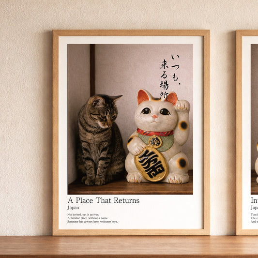 Lucky Companion – Japanese Maneki Neko & Tabby Cat Wall Art Print (3:4 Edition)