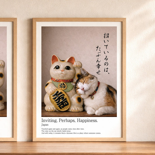 Inviting Happiness – Japanese Maneki Neko & Calico Cat Wall Art Print (3:4 Edition)