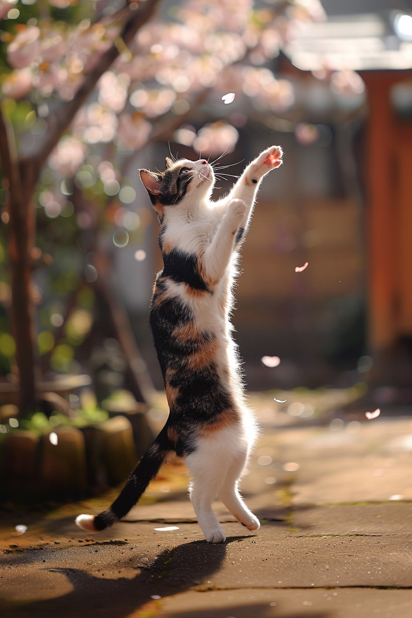 Spring Petal Chase – Japanese Calico Cat Wall Art Print (2:3 Edition)
