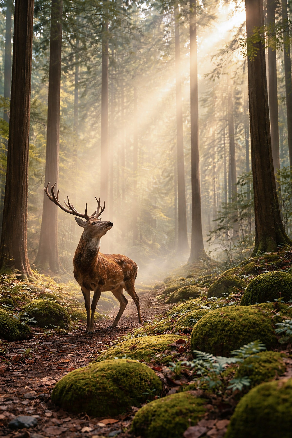 Japanese Deer in Cedar Forest – Serene Sika Deer Wall Art Print (2:3 Edition)