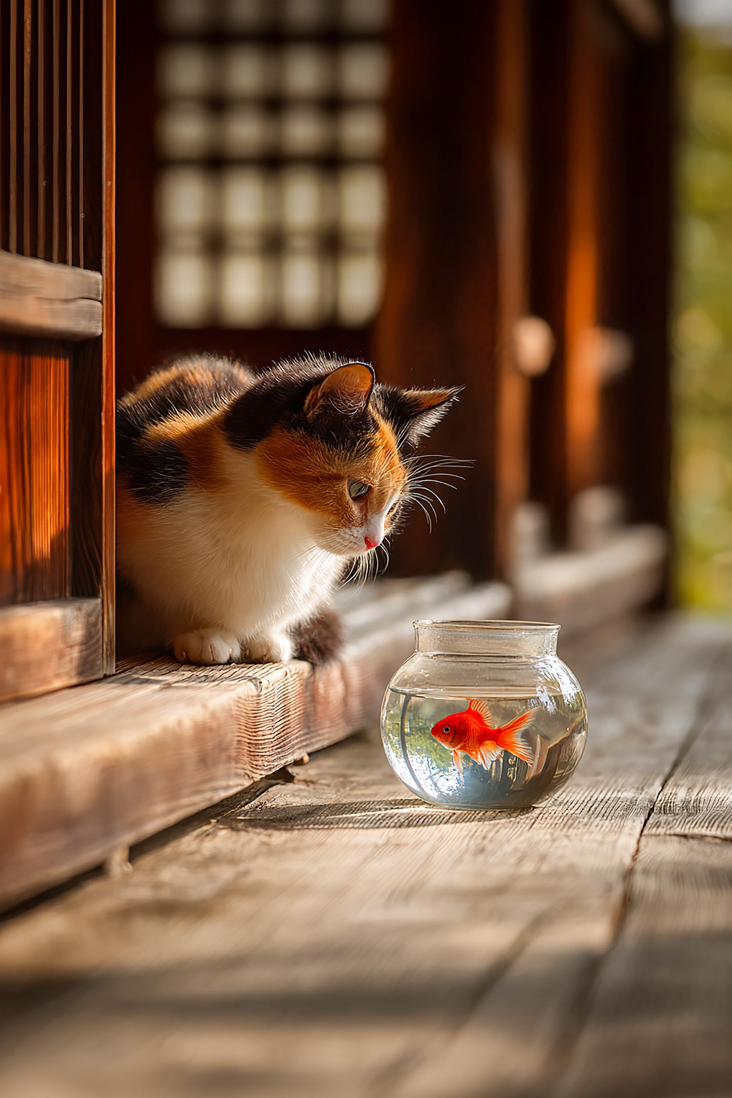 Japanese Calico Cat with Goldfish – Minimalist Japandi Wall Art Print (2:3 Edition)