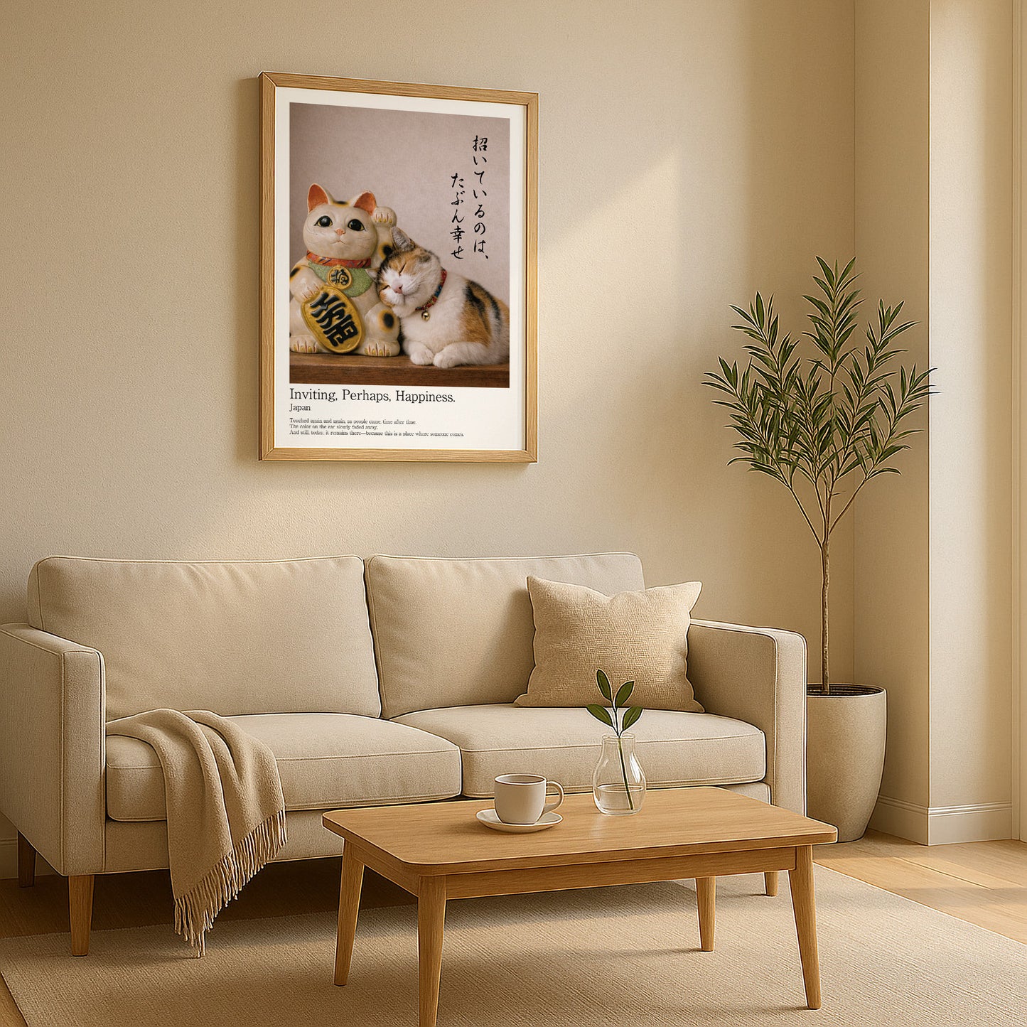 Maneki Neko art print displayed in calm neutral Japandi living room setting