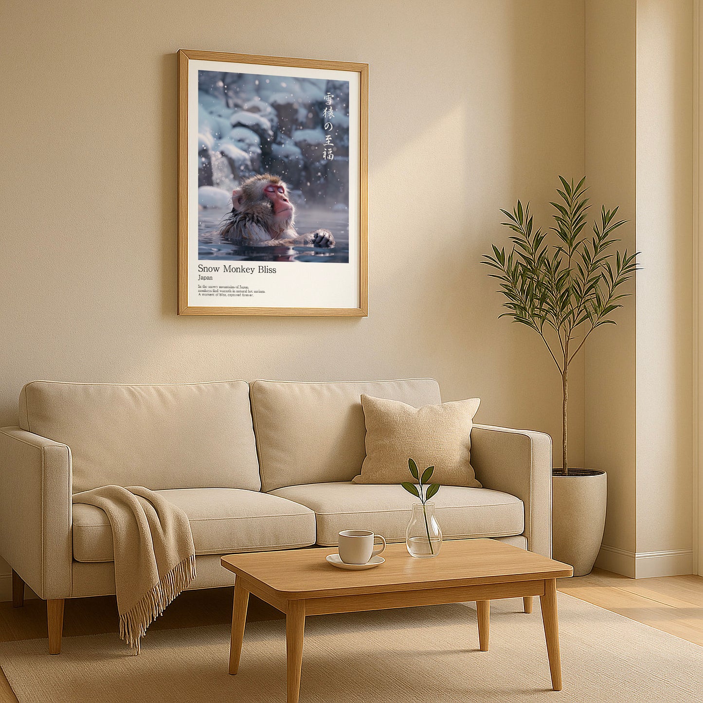 Snow Monkey wall art displayed in calm minimalist Japandi living room