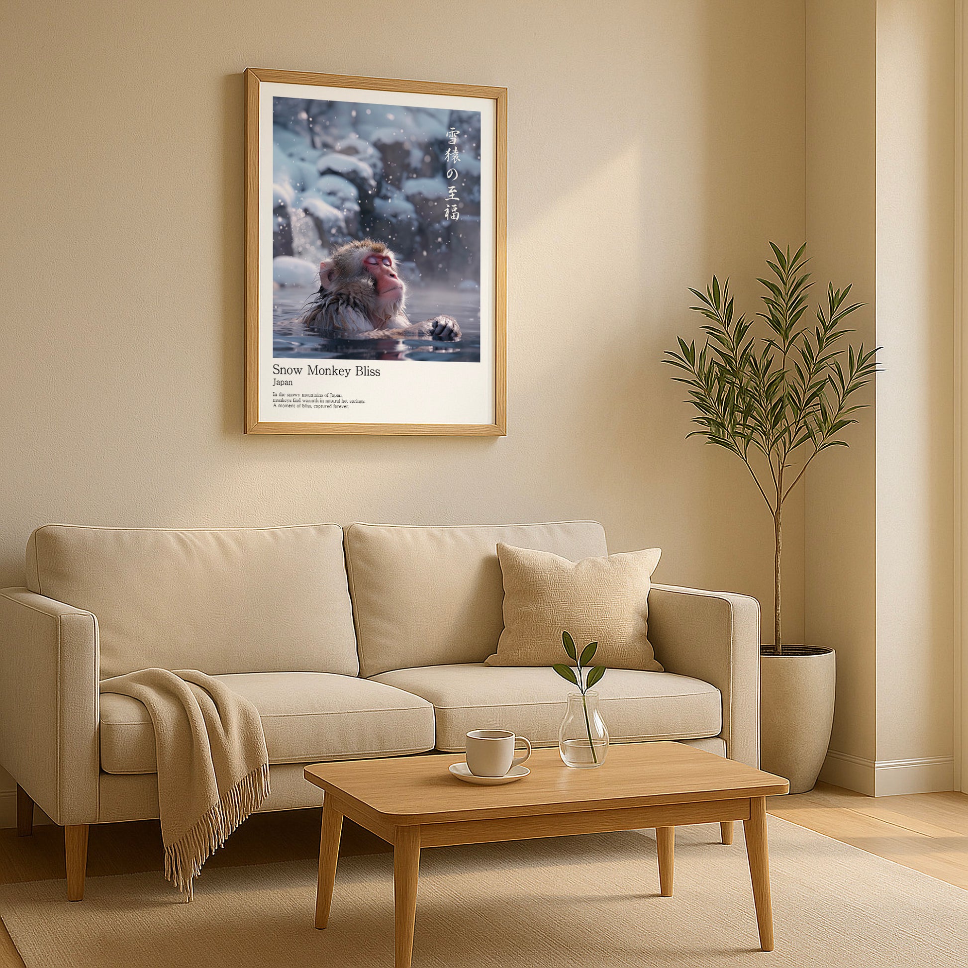 Snow Monkey wall art displayed in calm minimalist Japandi living room