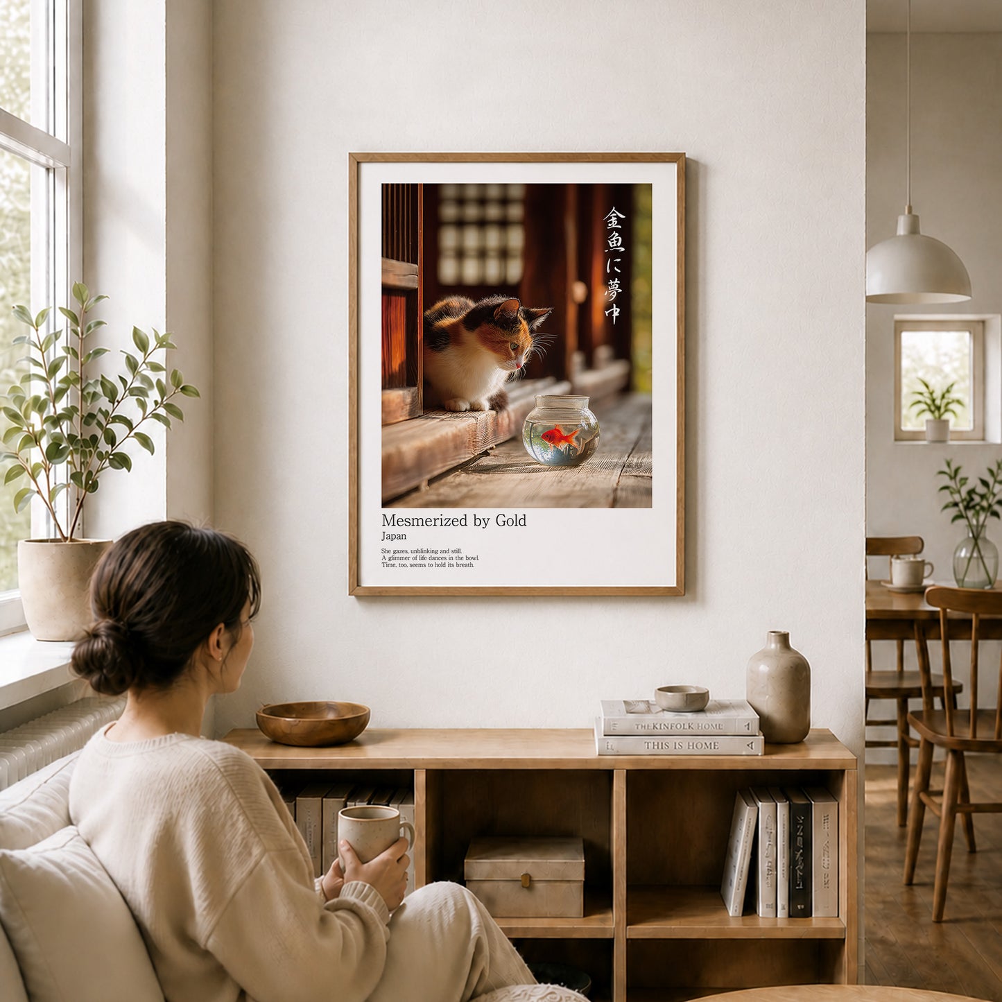Japanese Calico Cat with Goldfish – Minimalist Japandi Wall Art Print (3:4 Edition)