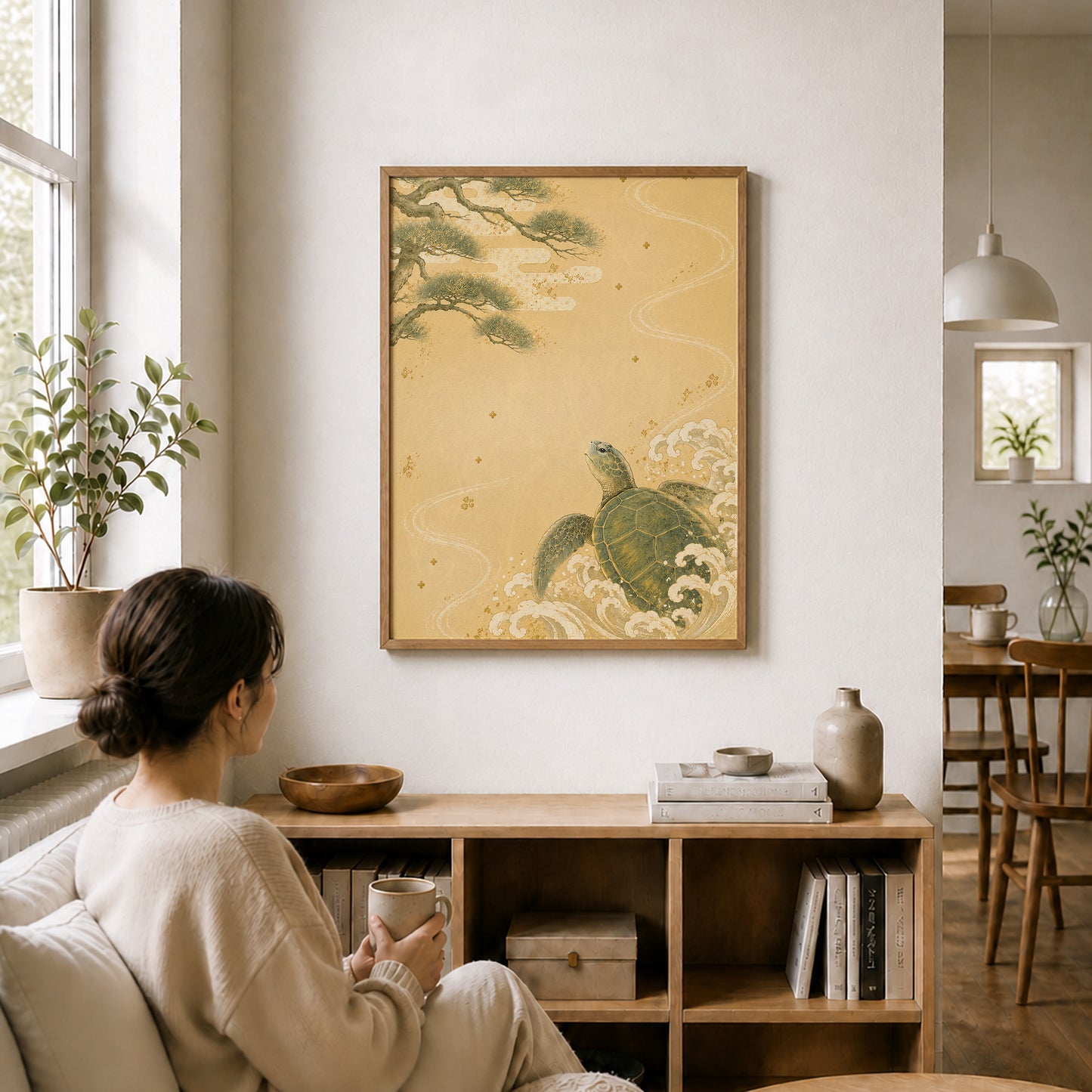Turtle and Pine Waves – Japanese Turtle Wall Art Print (3:4 Edition)