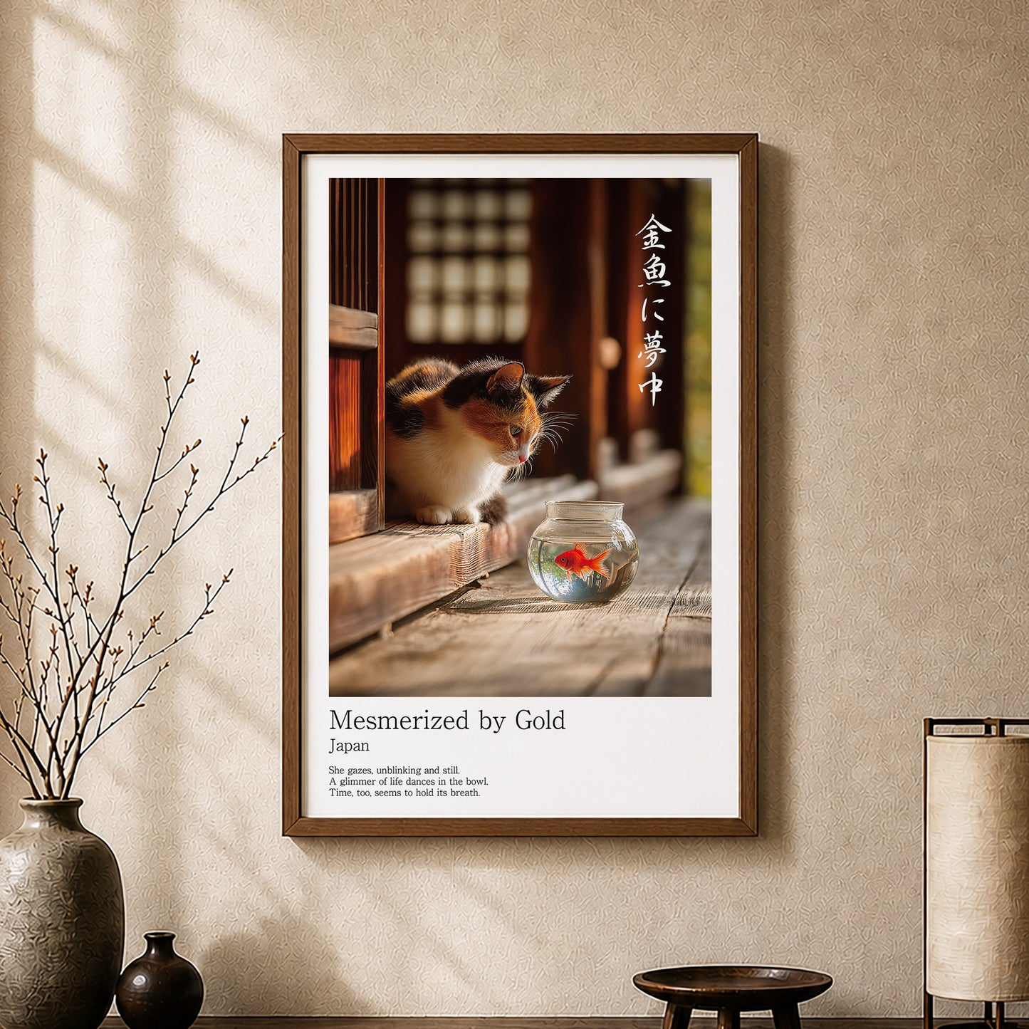 Japanese Calico Cat with Goldfish – Minimalist Japandi Wall Art Print (2:3 Edition)