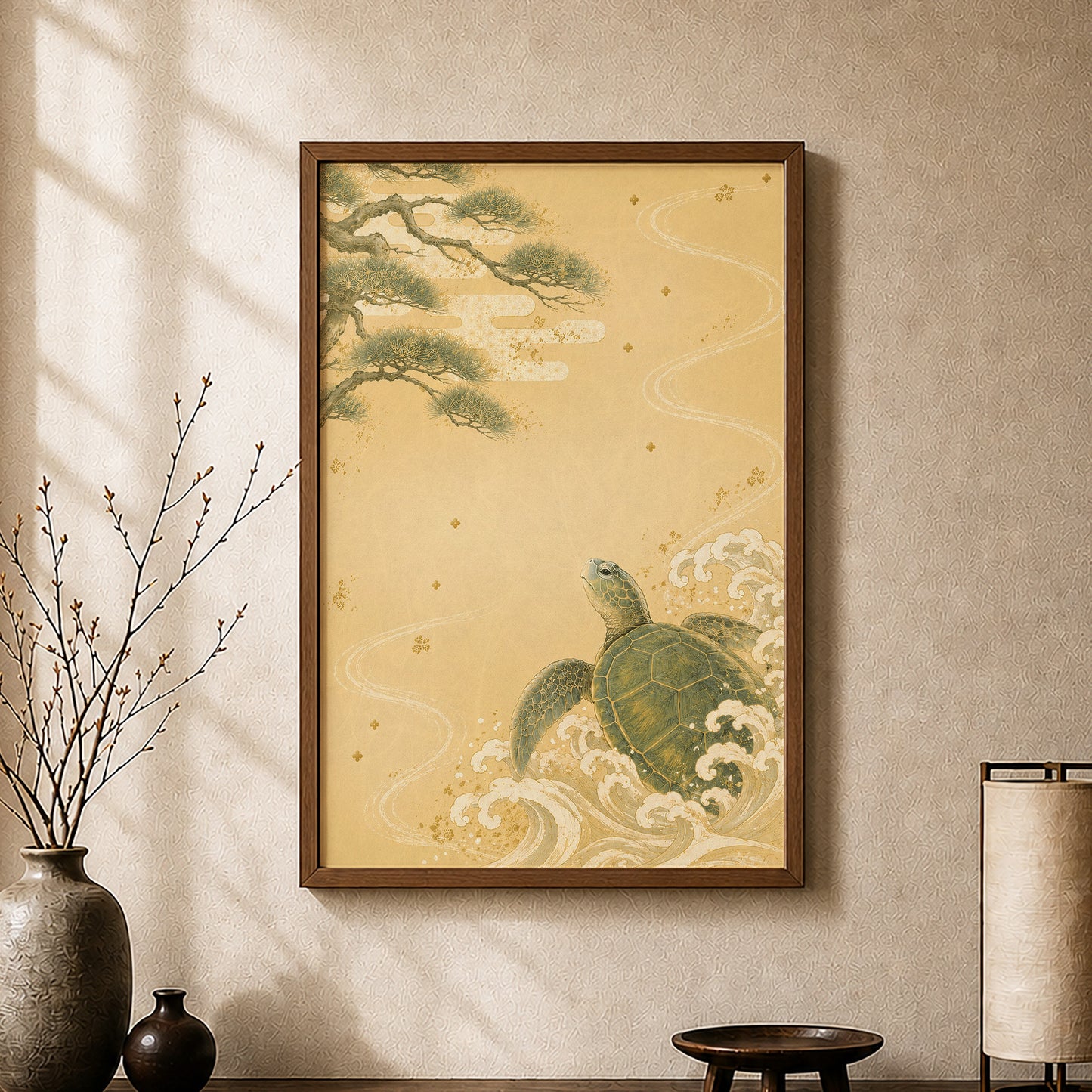 Turtle and Pine Waves – Japanese Turtle Wall Art Print (2:3 Edition)