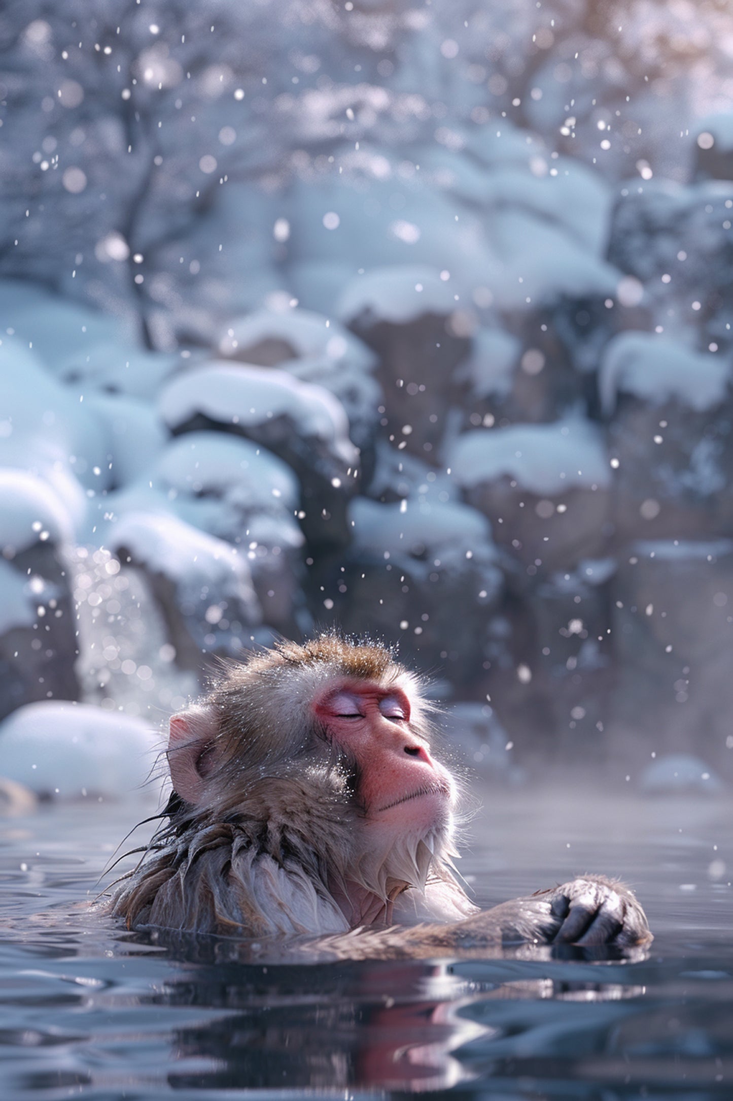 Snow Monkey Japanese wildlife illustration inspired by winter hot spring tranquility