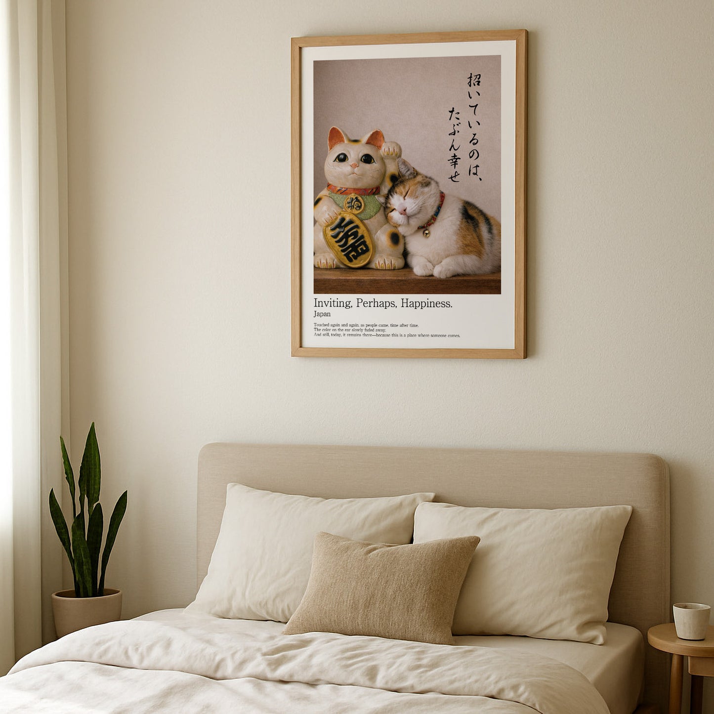 Japanese lucky cat wall art in soft beige minimalist bedroom interior