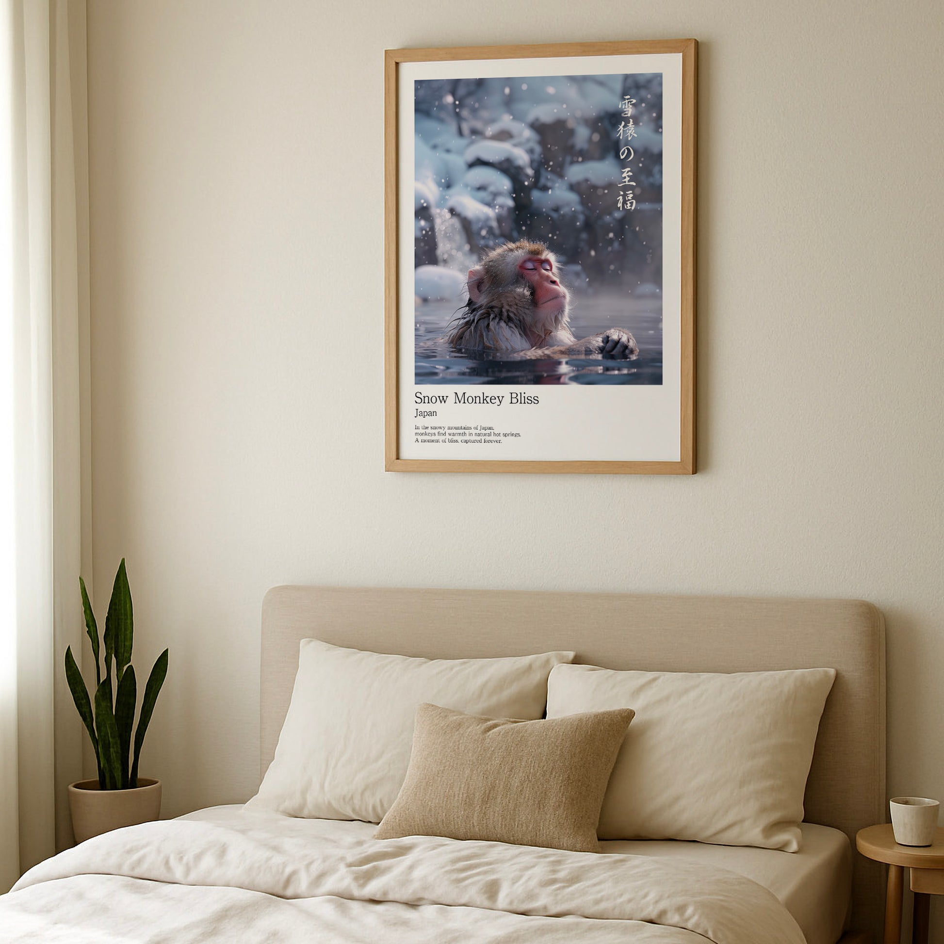 Japanese Snow Monkey art print in soft neutral bedroom interior