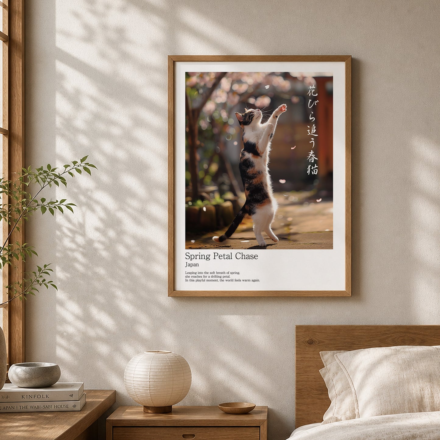 Spring Petal Chase – Japanese Calico Cat Wall Art Print (3:4 Edition)