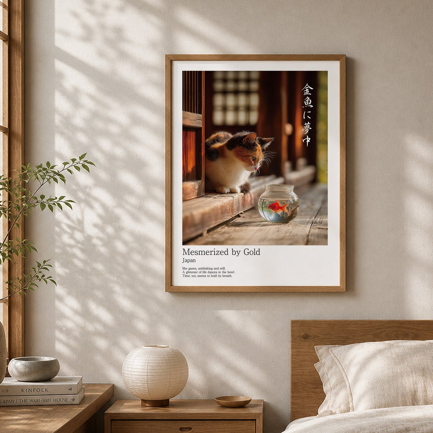 Japanese Calico Cat with Goldfish – Minimalist Japandi Wall Art Print (3:4 Edition)