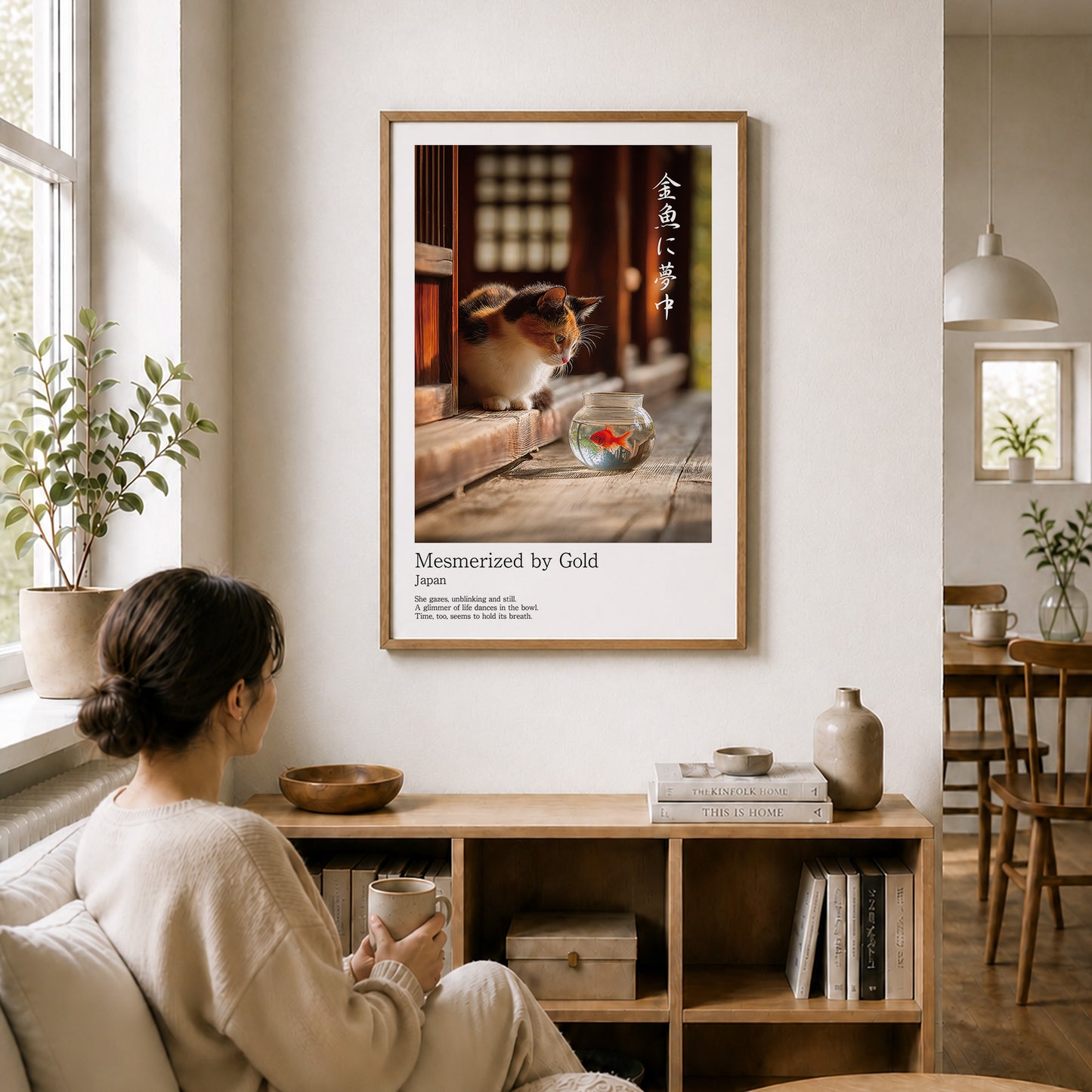 Japanese Calico Cat with Goldfish – Minimalist Japandi Wall Art Print (2:3 Edition)