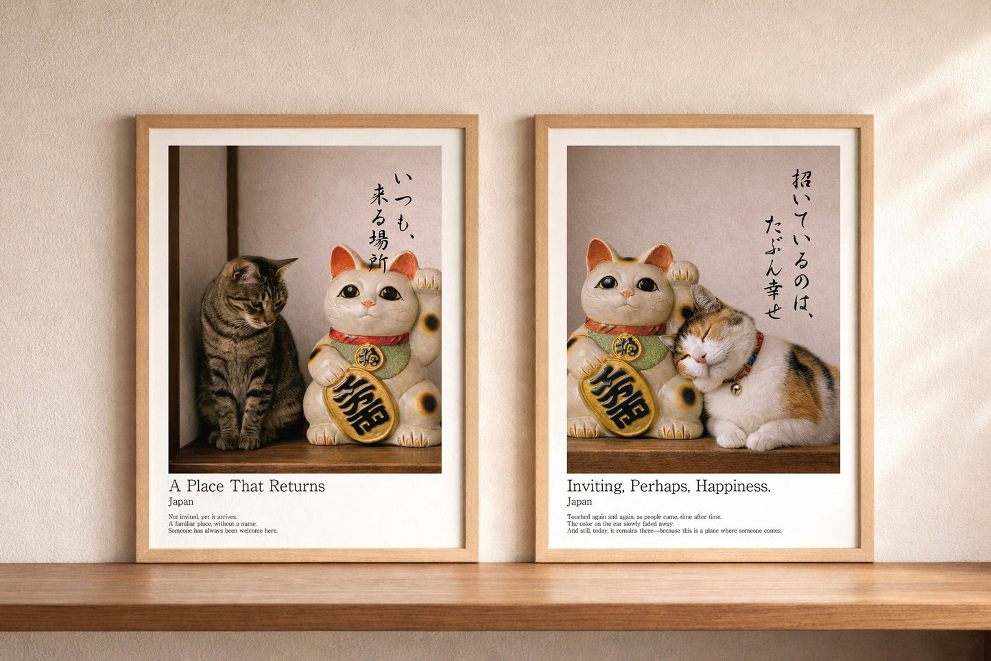 Companion pair Maneki Neko wall art representing presence and invitation displayed side by side in serene Japandi interior