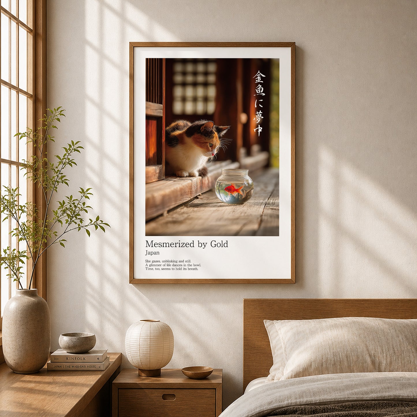Japanese Calico Cat with Goldfish – Minimalist Japandi Wall Art Print (2:3 Edition)