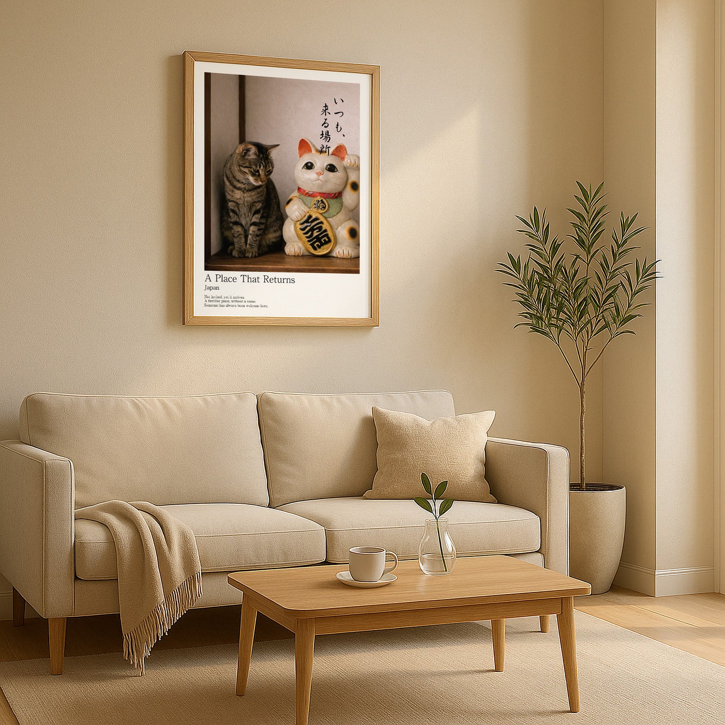 Maneki Neko art print displayed in calm neutral Japandi living room setting