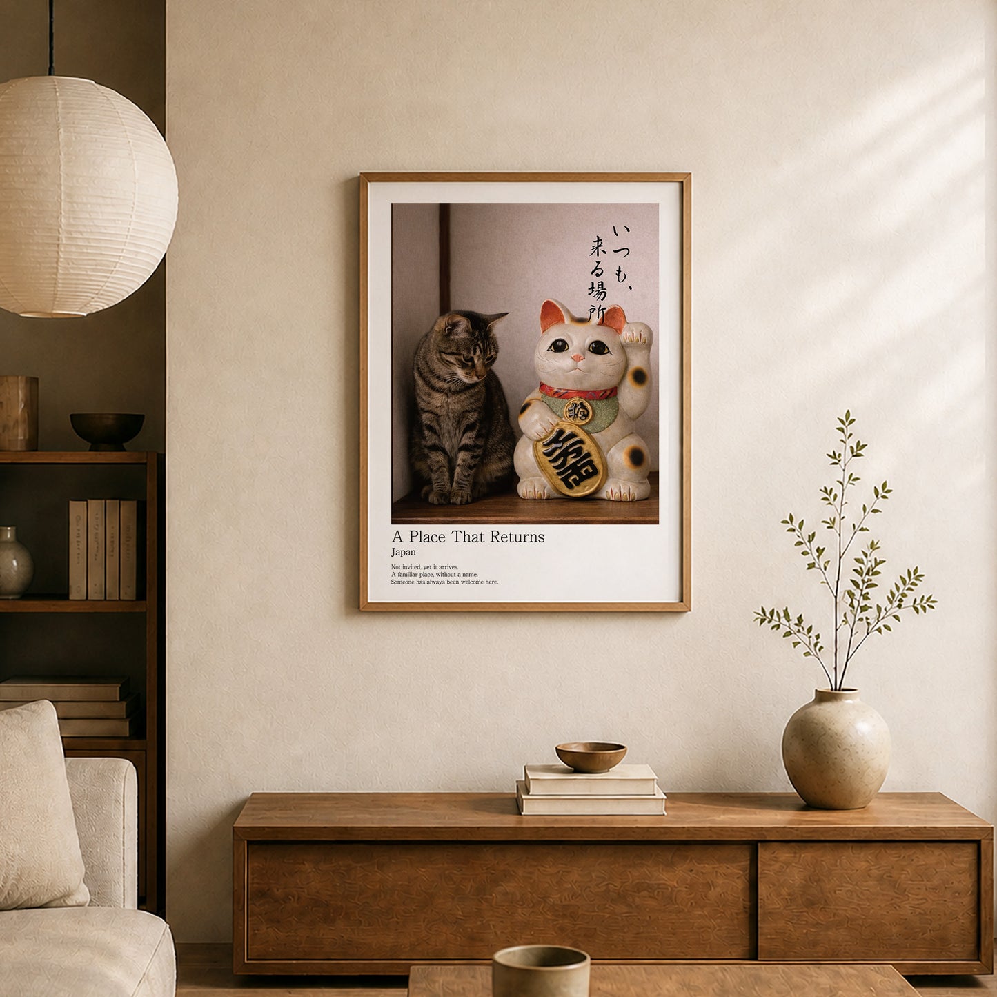 Lucky Companion – Japanese Maneki Neko & Tabby Cat Wall Art Print (3:4 Edition)