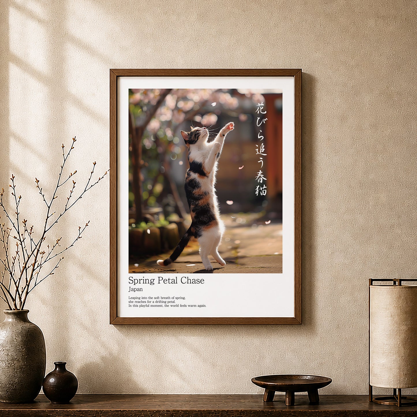 Spring Petal Chase – Japanese Calico Cat Wall Art Print (3:4 Edition)