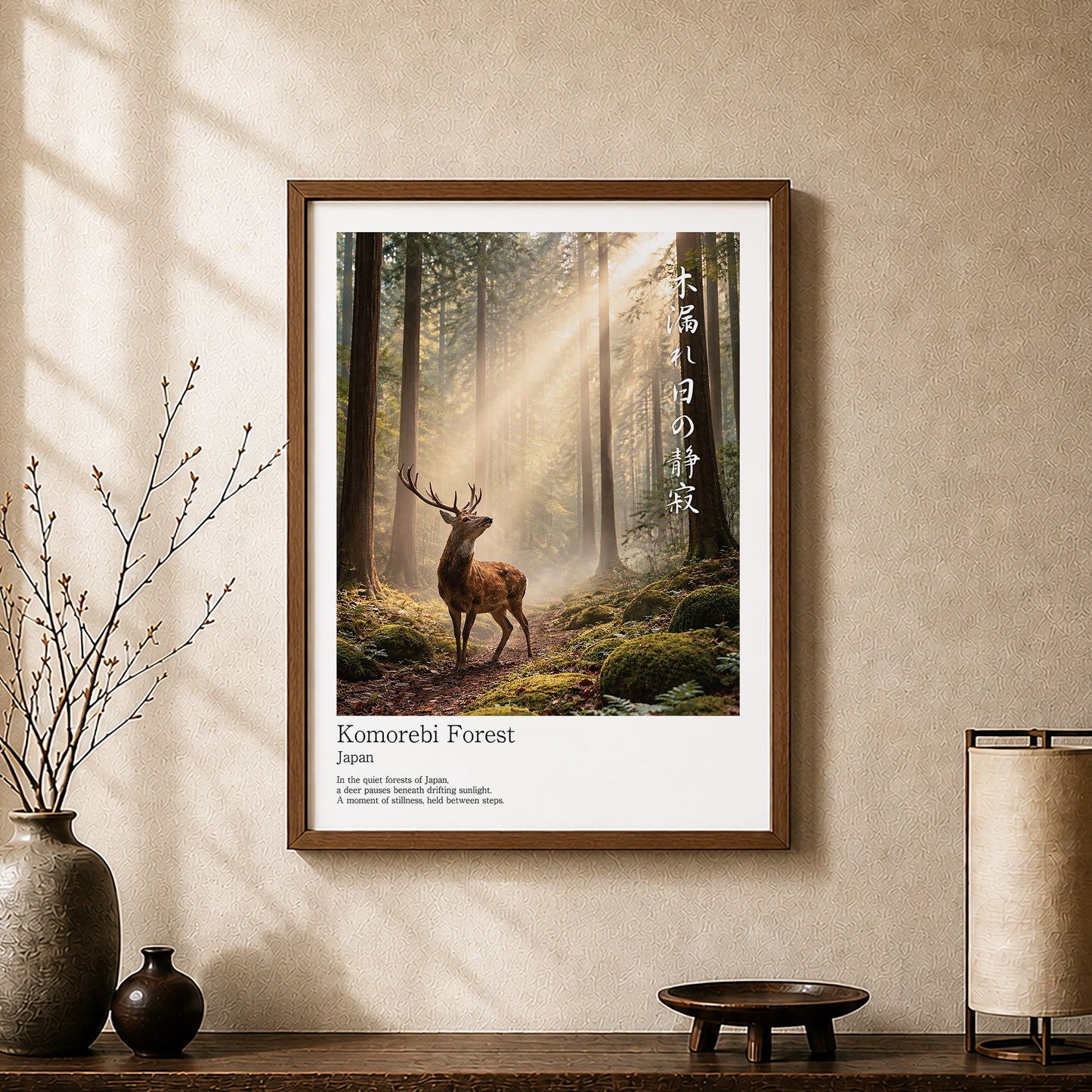 Japanese Deer in Cedar Forest – Serene Sika Deer Wall Art Print (3:4 Edition)