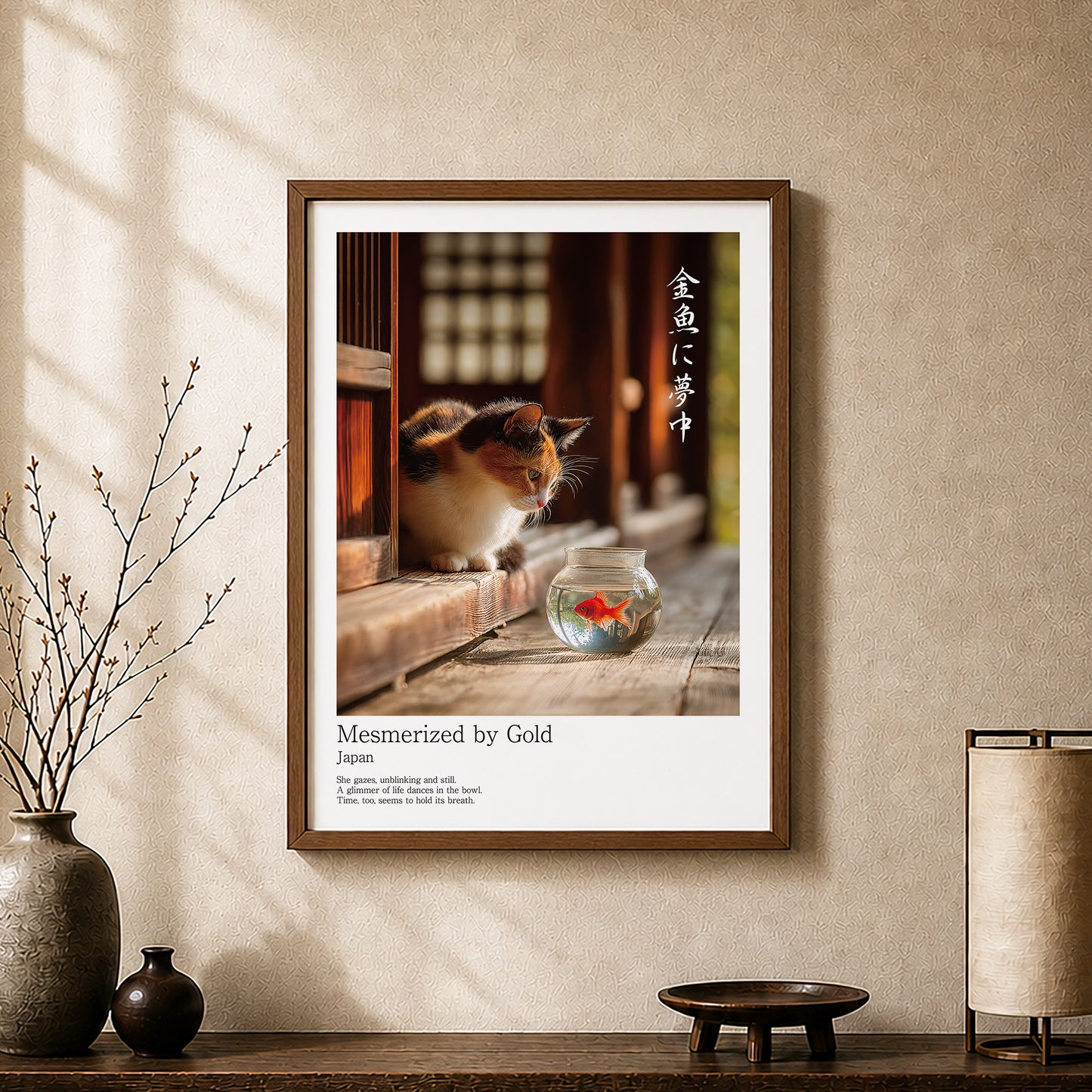 Japanese Calico Cat with Goldfish – Minimalist Japandi Wall Art Print (3:4 Edition)