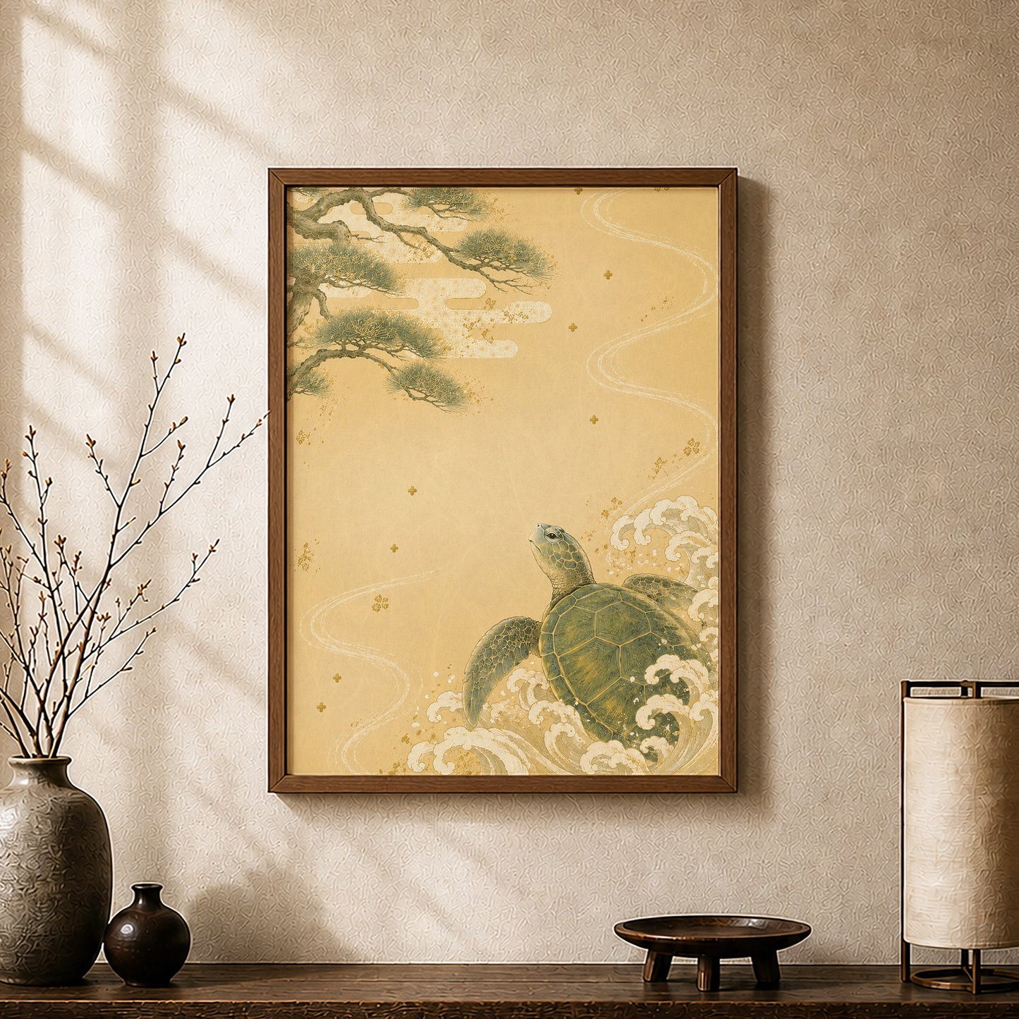 Turtle and Pine Waves – Japanese Turtle Wall Art Print (3:4 Edition)