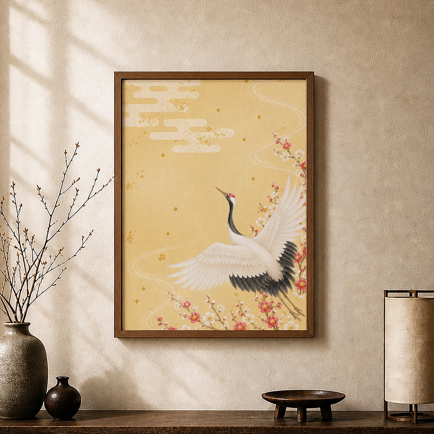 Crane and Plum Blossoms – Japanese Crane Wall Art Print (3:4 Edition)