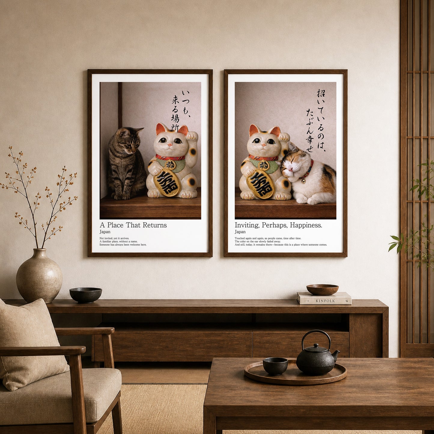 Lucky Companion – Japanese Maneki Neko & Tabby Cat Wall Art Print (2:3 Edition)