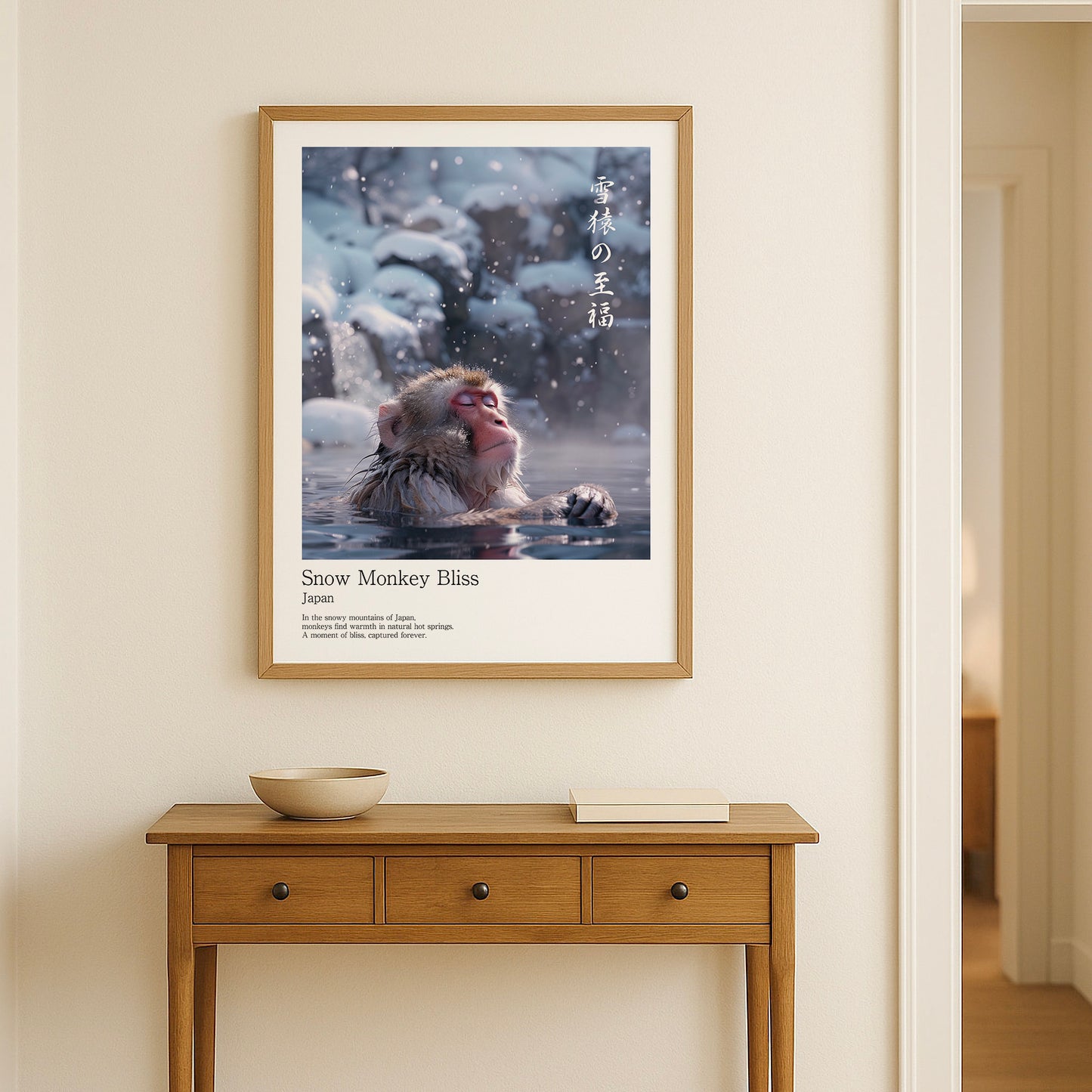 Snow Monkey wall art in serene Japandi hallway interior