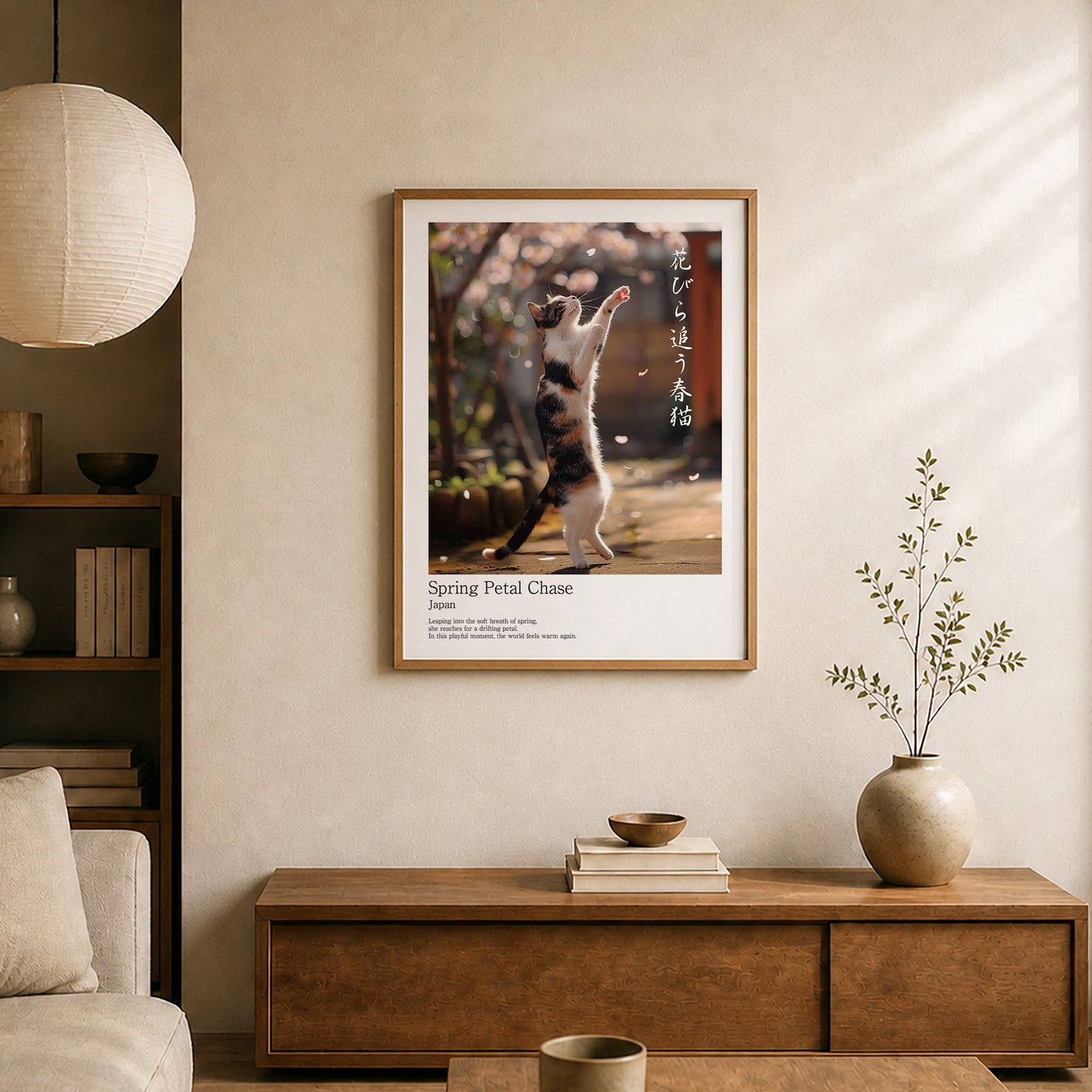 Spring Petal Chase – Japanese Calico Cat Wall Art Print (3:4 Edition)
