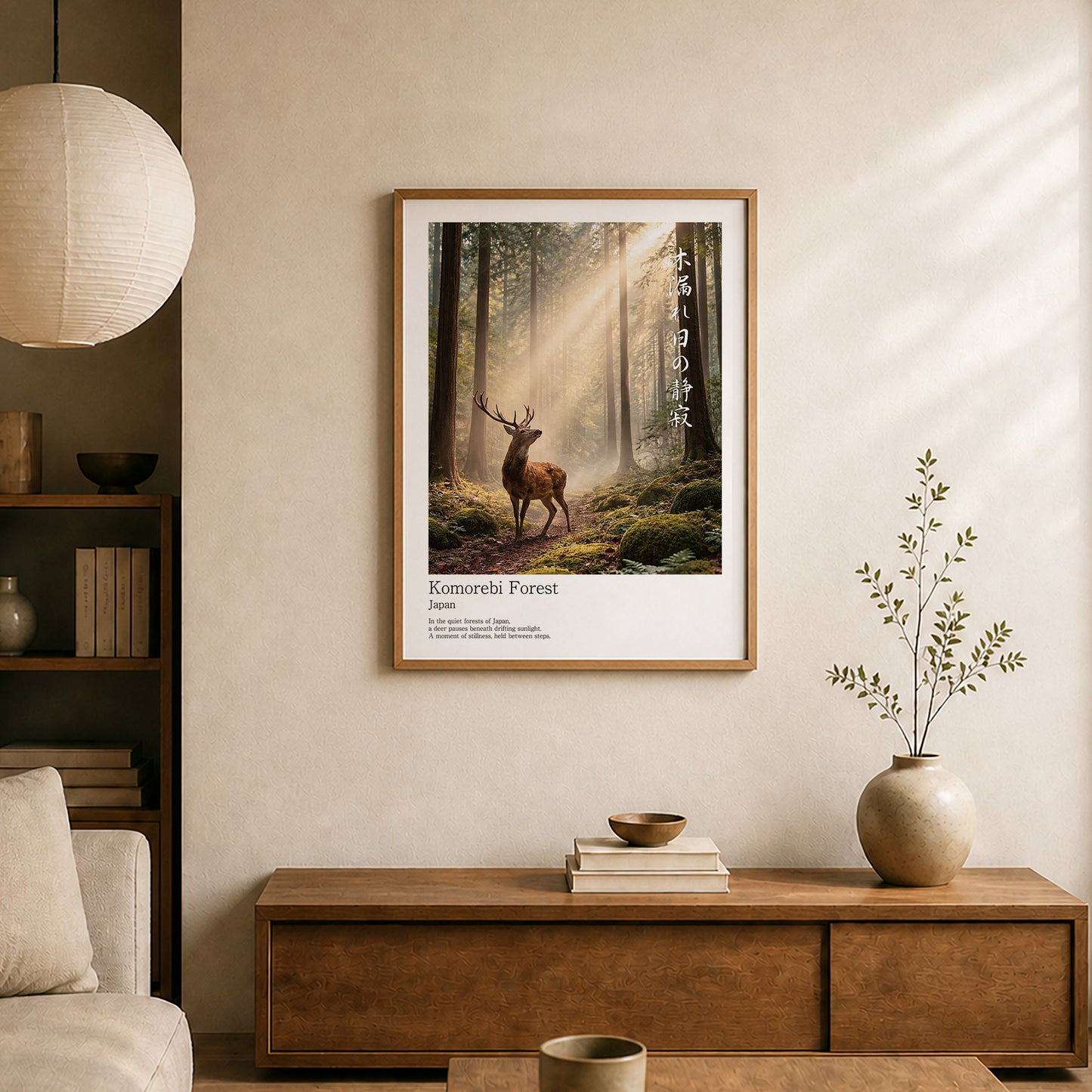 Japanese Deer in Cedar Forest – Serene Sika Deer Wall Art Print (3:4 Edition)