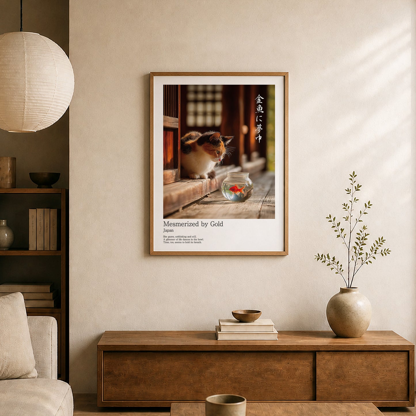 Japanese Calico Cat with Goldfish – Minimalist Japandi Wall Art Print (3:4 Edition)